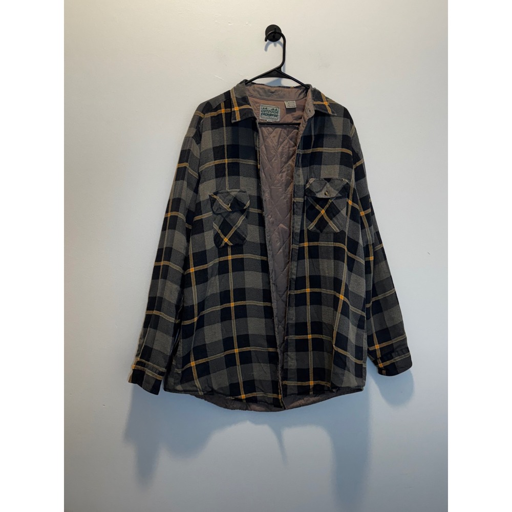 Vintage Outdoor Exchange Quilted Flannel Shirt Jacket Grey Plaid Mens XL Tall